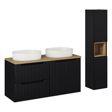 Set mobilier baie Nova Black Beyond 120 cm, dulap inalt si masca dubla cu lavoar, Comad, MDF/PAL, negru/stejar