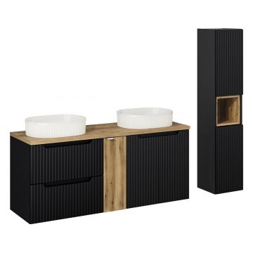 Set mobilier baie Nova Black Beyond 140 cm, dulap inalt si masca dubla cu lavoar, Comad, MDF/PAL, negru/stejar