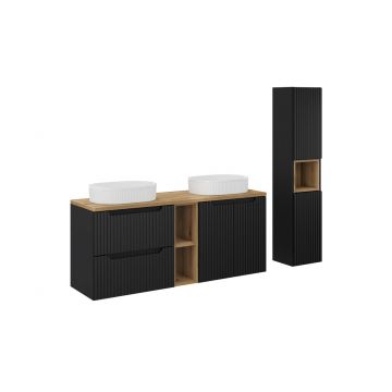 Set mobilier baie Nova Black Beyond 140 cm, dulap inalt si masca dubla cu lavoar si raft, Comad, MDF/PAL, negru/stejar