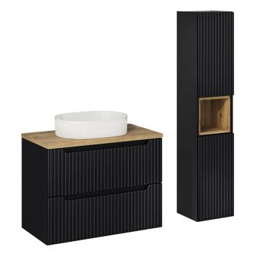 Set mobilier baie Nova Black Beyond 80 cm, dulap inalt si masca cu lavoar, Comad, MDF/PAL, negru/stejar