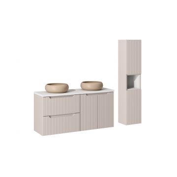 Set mobilier baie Nova Cashmere 120 cm, dulap inalt si masca dubla cu lavoar, Comad, MDF/PAL, casmir/alb