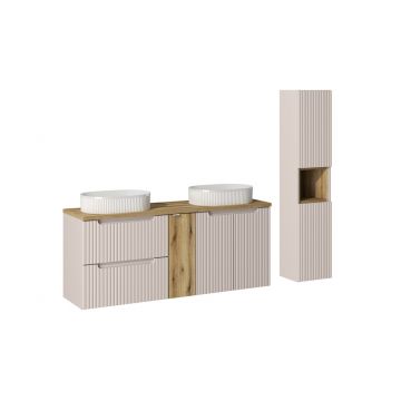 Set mobilier baie Nova Cashmere 140 cm, dulap inalt si masca dubla cu lavoar, Comad, MDF/PAL, casmir