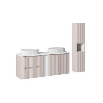 Set mobilier baie Nova Cashmere Beyond 140 cm, dulap inalt si masca dubla cu lavoar, Comad, MDF/PAL, casmir/alb