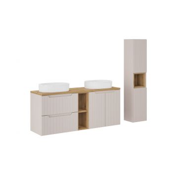 Set mobilier baie Nova Cashmere Beyond 140 cm, dulap inalt si masca dubla cu lavoar, Comad, MDF/PAL, casmir