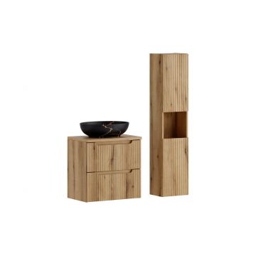 Set mobilier baie Nova Coast Evoke Mona 60 cm, dulap inalt si masca cu lavoar, Comad, MDF/PAL, stejar