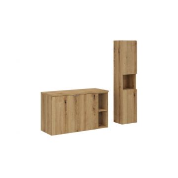 Set mobilier baie, Nova Oak 100 cm HC LR, Comad, dulap inalt si masca dubla pentru lavoar, PAL, stejar