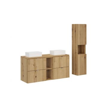 Set mobilier baie, Nova Oak 120 cm, dulap inalt si masca dubla cu lavoar, Comad, PAL, stejar