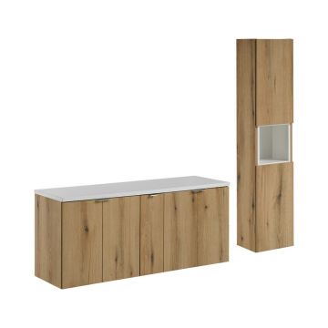 Set mobilier baie Nova Oak 140 cm D HC, dulap inalt si masca dubla lavoar, Comad, MDF/PAL, stejar/alb