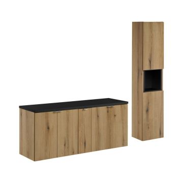 Set mobilier baie Nova Oak 140 cm D HC, dulap inalt si masca dubla lavoar, Comad, MDF/PAL, stejar/negru