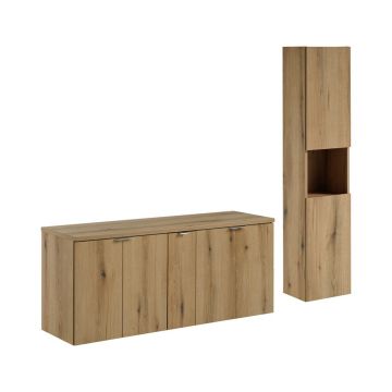 Set mobilier baie Nova Oak 140 cm D HC, dulap inalt si masca dubla lavoar, Comad, PAL, stejar