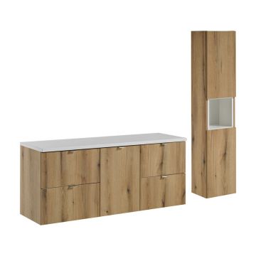 Set mobilier baie Nova Oak 140 cm S HC, dulap inalt si masca dubla lavoar, Comad, MDF/PAL,  stejar/alb