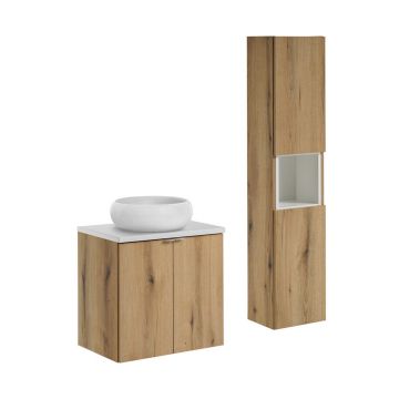 Set mobilier baie, Nova Oak 60 cm D, dulap inalt si masca cu lavoar, Comad, MDF/PAL, stejar/alb