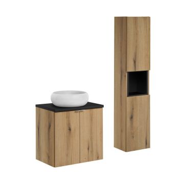 Set mobilier baie, Nova Oak 60 cm D, dulap inalt si masca cu lavoar, Comad, MDF/PAL, stejar/negru