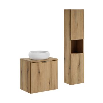 Set mobilier baie, Nova Oak 60 cm D, dulap inalt si masca cu lavoar, Comad, PAL, stejar
