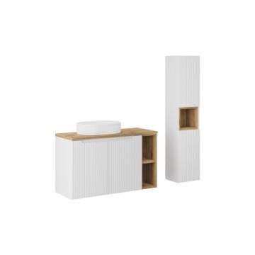 Set mobilier baie Nova White Beyond 100 cm, dulap inalt si masca cu lavoar, Comad, MDF/PAL, alb/stejar