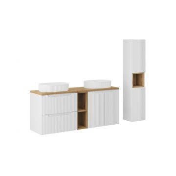 Set mobilier baie Nova White Beyond 140 cm, dulap inalt si masca dubla cu lavoar, Comad, MDF/PAL, alb/stejar