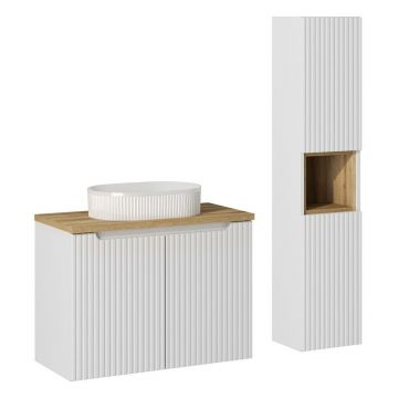 Set mobilier baie Nova White Beyond 80 cm, dulap inalt si masca cu lavoar, Comad, MDF/PAL, alb/stejar