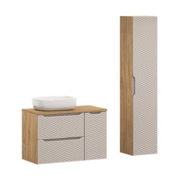Set mobilier baie Ocean Beige 90 cm, dulap inalt si masca cu lavoar, Comad, MDF/PAL, bej