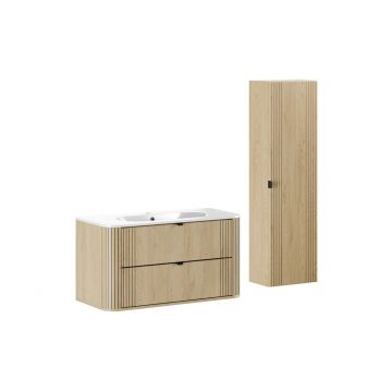 Set mobilier baie, Ovalia Cremona 100 cm, dulap inalt si masca cu lavoar, Comad, MDF/PAL, stejar