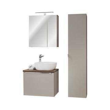 Set mobilier baie Santa Fe Taupe 60 cm, dulap inalt, masca cu lavoar si cabinet cu oglinda, Comad, MDF/PAL, grej