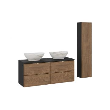 Set mobilier baie Talia Casella 120 cm, dulap inalt si masca dubla cu lavoar, Comad, MDF/PAL, stejar/negru mat