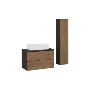 Set mobilier baie Talia Casella 80 cm, dulap inalt si masca cu lavoar, Comad, MDF/PAL, stejar/negru mat