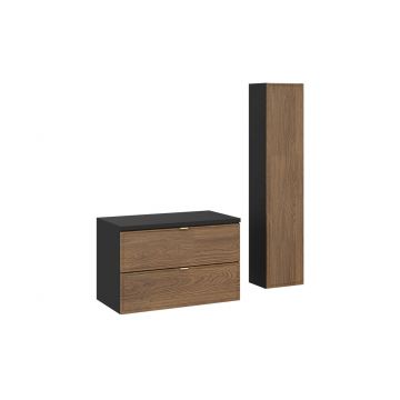 Set mobilier baie Talia Casella 80 cm, dulap inalt si masca lavoar, MDF/PAL, Comad, stejar/negru mat