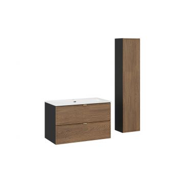 Set mobilier baie Talia Casella 80 cm HC, dulap inalt si masca cu lavoar, Comad, MDF/PAL, stejar/negru mat