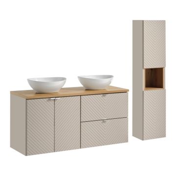 Set mobilier baie Viva Cashmere Lola 120 cm, dulap inalt si masca dubla cu lavoar, Comad, MDF/PAL, casmir