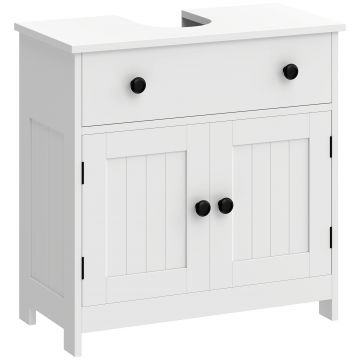 HOMCOM Dulap sub chiuvetă pentru baie, mobilier modern pe picior cu balamale cu închidere amortizată, sertar, 2 uși, alb | Aosom Romania