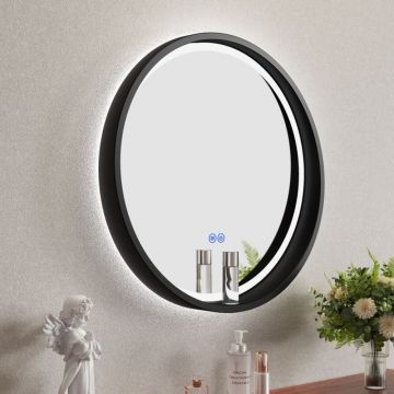 Oglinda cu iluminare si dezaburire Inter Ceramic forma rotunda 60 cm rama neagra