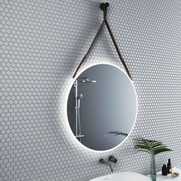Oglinda cu iluminare si dezaburire Inter Ceramic forma rotunda 80 cm curea maro
