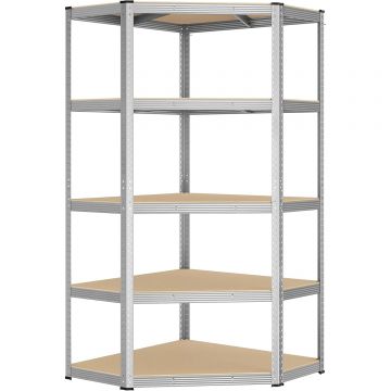 Raft de colt metalic cu 5 polite, pentru garaj sau depozitare, 70x70x180 cm, maxim 875 kg, argintiu