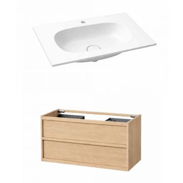 Set dulap baza suspendat KolpaSan Storia 2 sertare 100 cm finisaj acacia cu lavoar compozit Kerrock alb