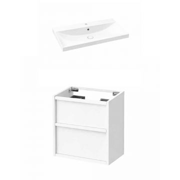 Set dulap baza suspendat KolpaSan Storia 2 sertare 60 cm finisaj alb cu lavoar ceramic alb
