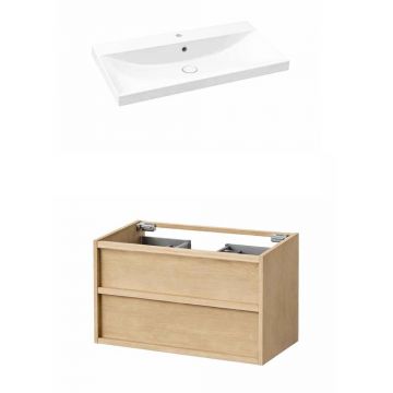 Set dulap baza suspendat KolpaSan Storia 2 sertare 80 cm finisaj acacia cu lavoar ceramic alb