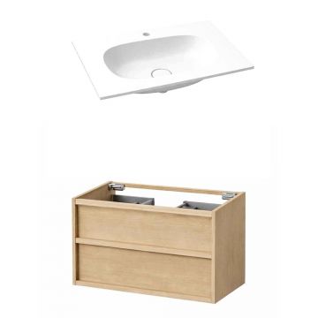 Set dulap baza suspendat KolpaSan Storia 2 sertare 80 cm finisaj acacia cu lavoar compozit Kerrock alb