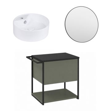 Set dulap baza suspendat Krofam Lov verde-negru 60 cm blat negru cu lavoar 38 cm si oglinda cu rama neagra
