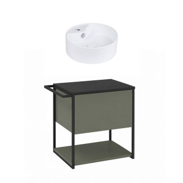 Set dulap baza suspendat Krofam Lov verde-negru 60 cm blat negru cu lavoar 38 cm