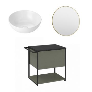 Set dulap baza suspendat Krofam Lov verde-negru 60 cm blat negru cu lavoar 39 cm si oglinda cu rama aurie