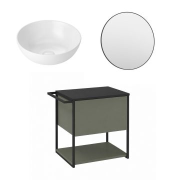 Set dulap baza suspendat Krofam Lov verde-negru 60 cm blat negru cu lavoar 39 cm si oglinda cu rama neagra
