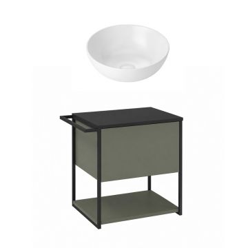 Set dulap baza suspendat Krofam Lov verde-negru 60 cm blat negru cu lavoar 39 cm