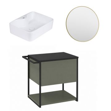Set dulap baza suspendat Krofam Lov verde-negru 60 cm blat negru cu lavoar 49x38 cm si oglinda cu rama aurie