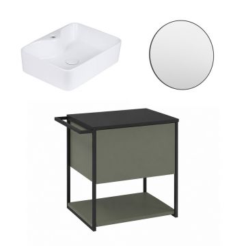 Set dulap baza suspendat Krofam Lov verde-negru 60 cm blat negru cu lavoar 49x38 cm si oglinda cu rama neagra