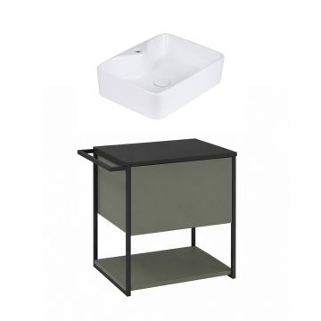 Set dulap baza suspendat Krofam Lov verde-negru 60 cm blat negru cu lavoar 49x38 cm
