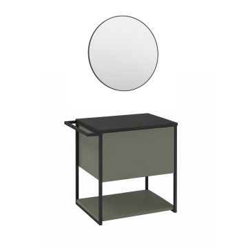 Set dulap baza suspendat Krofam Lov verde-negru 60 cm blat negru cu oglinda cu rama neagra