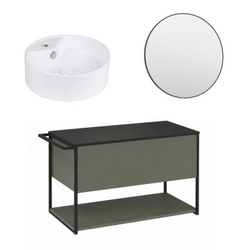 Set dulap baza suspendat Krofam Lov verde-negru 80 cm blat negru cu lavoar 38 cm si oglinda