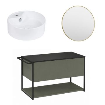 Set dulap baza suspendat Krofam Lov verde-negru 80 cm blat negru cu lavoar 38 cm si oglinda
