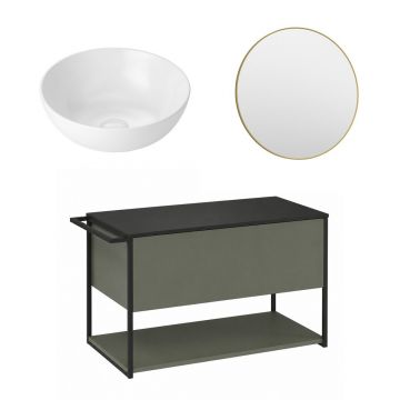 Set dulap baza suspendat Krofam Lov verde-negru 80 cm blat negru cu lavoar 39 cm si oglinda