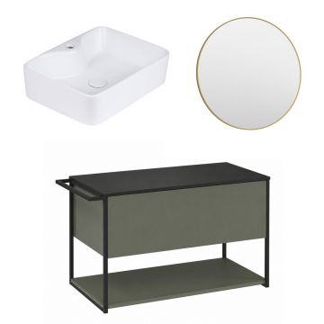 Set dulap baza suspendat Krofam Lov verde-negru 80 cm blat negru cu lavoar si oglinda